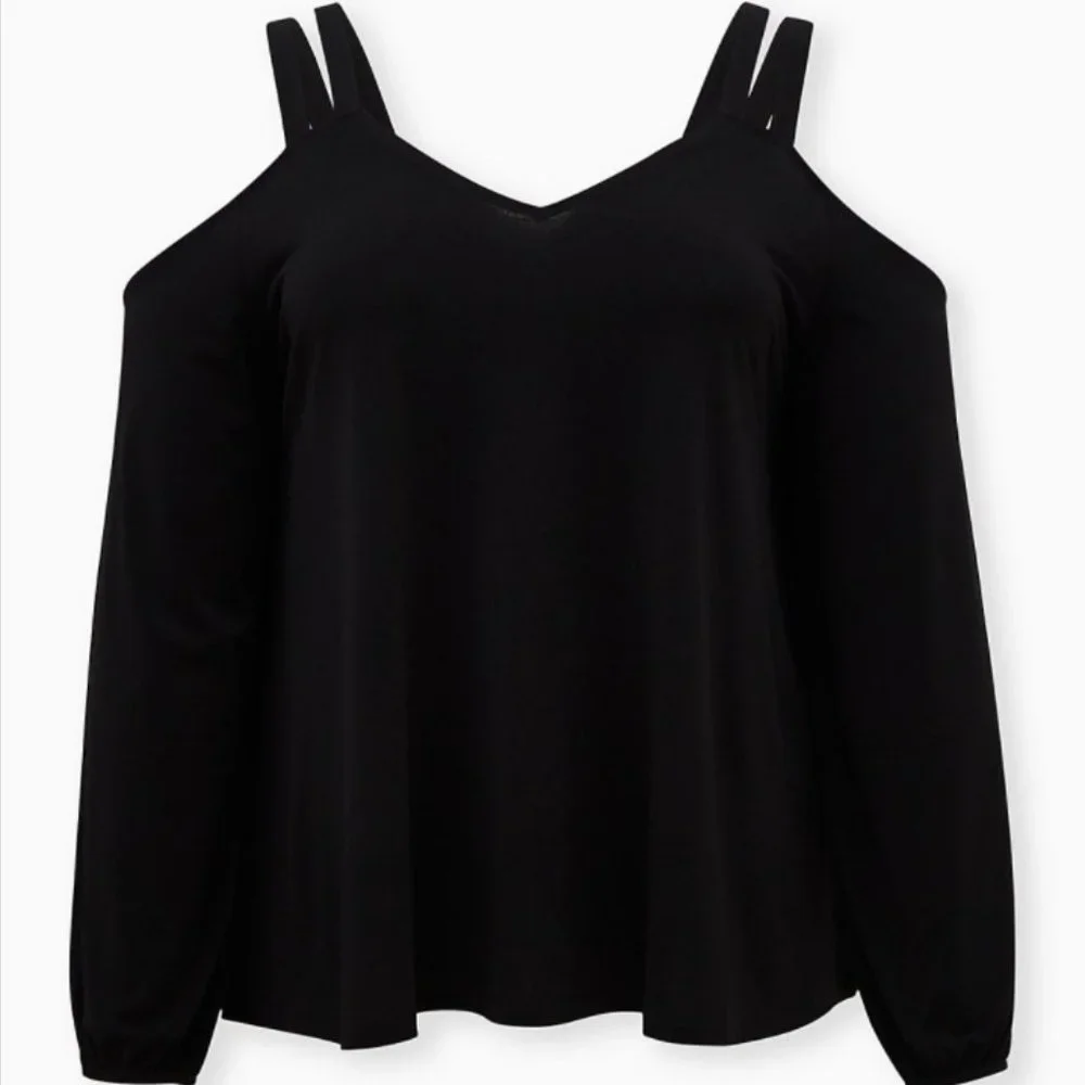 TORRID BLACK CREPE BALLOON SLEEVE COLD SHOULDER BLOUSE - Picture 4 of 7
